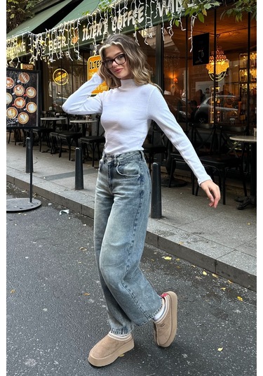 Saks Yarım Balıkçı Şardonlu Fitilli Bluz Beyaz