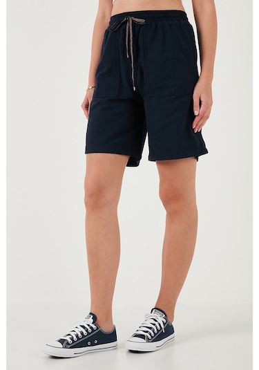 Lela Pamuklu Relaxed Fit Yüksek Bel Cepli Mini Bayan Şort 668Yp5384 Lacivert