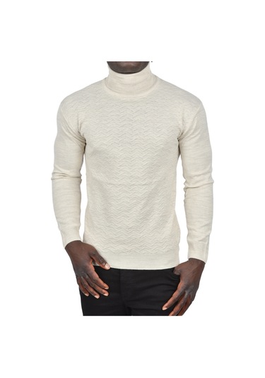 Deepsea Erkek Bej Zigzag Desenli Tam Balıkçı Yaka Dar Kesim Boğazlı Triko Kazak 2505497 Bej