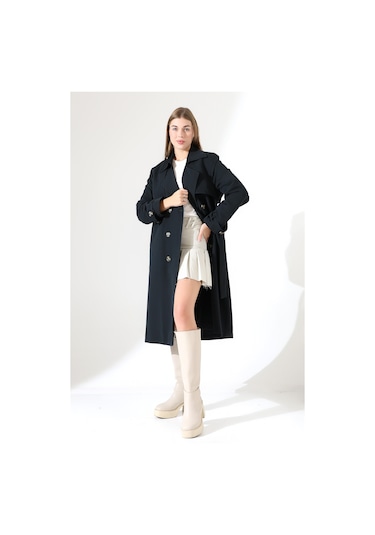 Amazon Keten Kumaş Diz Altı Yumuşak Dokulu Düğmeli Astarlı Trenç Kot Siyah Siyah