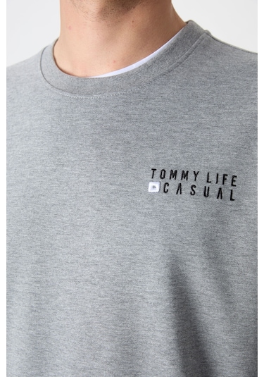 Tommy Life Gri Melanj - Siyah Casual O Yaka Lastik Paça Pamuklu Erkek Oversize Eşofman Takımı - 85120 Gri - Siyah