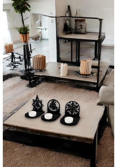 Yılbaşı Temalı Dekoratif Mumluklar - 3'lü Set - Siyah Rengi