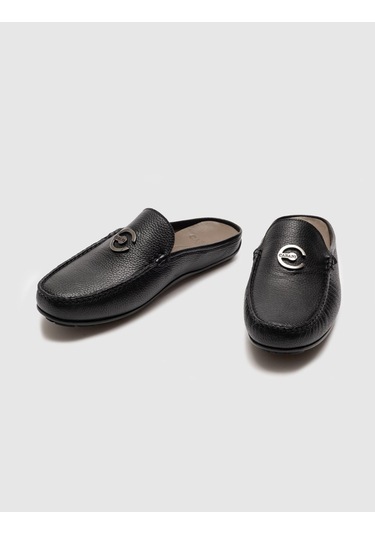 Hakiki Deri Siyah Tokalı Erkek Terlik - Siyah