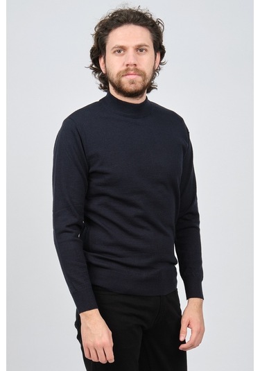 Çizgi Triko Erkek Yarım Balıkçı Yaka Düz Kazak 42564252 Lacivert Lacivert