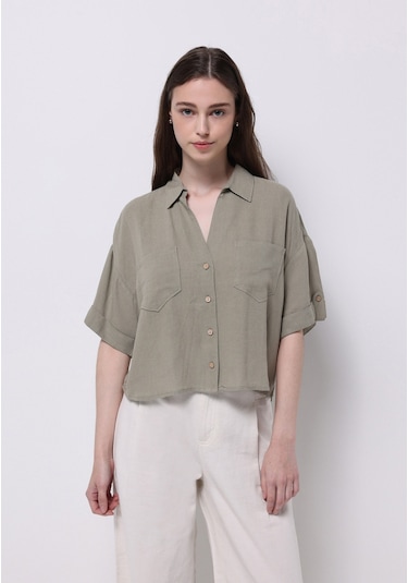 Colins Regular Fit Shirt Neck Düz Kadın Yeşil Kısa Kol Gömlek Cl1074649 Q1.v1 Kha Haki Colins Regular Fit Shirt Neck Düz Kadın Yeşil Kısa Kol Gömlek Cl1074649 Q1.v1 Kha Haki