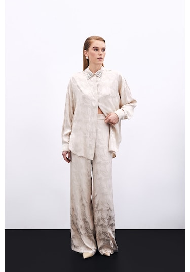 Sateen Jakarlı Salaş Pantolon - Bej