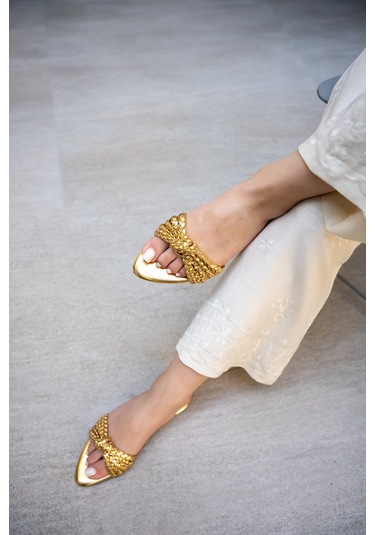 Mirim Örgü Detaylı Kadın Terlik Gold Altın
