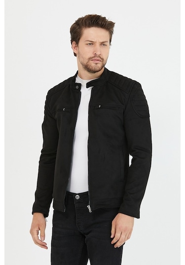 Erkek Siyah Dar Kesim Süet Ceket Mont-Siyah