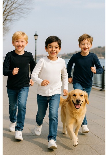 Çocuk Uzun Kollu T-shirt Kız - Erkek Unisex %100 Pamuk 3'lü Süper Pack Ek-1