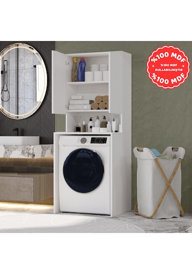 Çamaşır Makinesi Dolabı 3 Raflı Kapaklı Banyo Dolabı Beyaz %100 M Beyaz