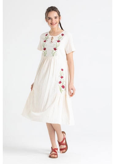 Kısa Kol Şile Bezi Lalezar Nakışlı Midi Boy Elbise Krem Krm-krem