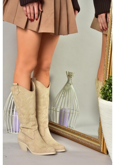 Fox Shoes T404401202 Ten Süet Kovboy Model Kadın Çizme Ten-Süet