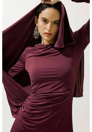 Bağlama Detaylı Abiye Elbise Bordo Bordo