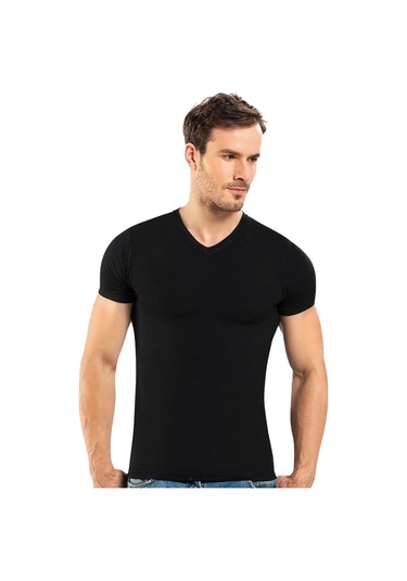 6 Adet Anıt Erkek Modal V Yaka Kısa Kollu Fanila Atlet 1204 Siyah