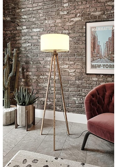 Modern Lambader Kumaş Abajur Ahşap Ayak Krem Kahve Ly509