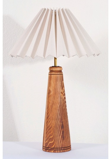 El Yapımı Ahşap Pileli Masa Lambası Abajur Krem  Krem Yükseklik Krem