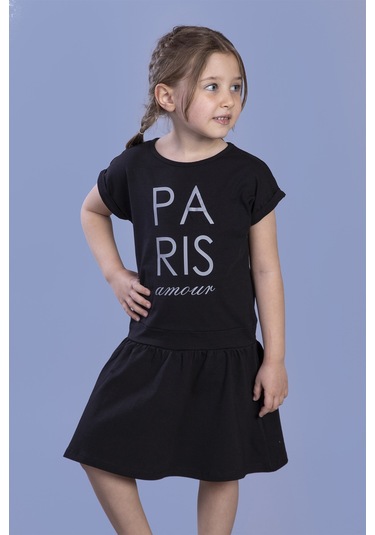 Toontoy Kız Çocuk Reflektör Baskılı Elbise Siyah