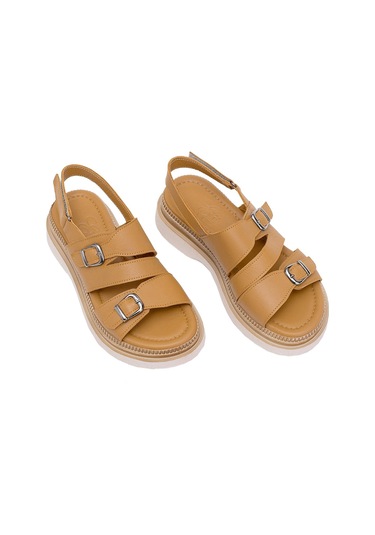 Elit Vesta Kadın Hakiki Deri Düz Sandalet Taba Taba