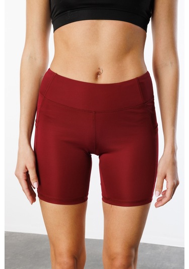 Yüksek Bel Toparlayıcı Çift Cepli Biker Şort Kısa Spor Tayt Kısa-tayt Bordo