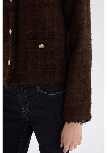 Defacto Regular Fit Bisiklet Yaka Tweed Blazer Ceket D8460ax24aubn298 Kahve