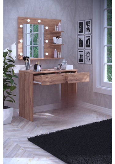 Tokyo Kulis Işıklı Aynalı Tabureli Çekmeceli Makyaj Masası Atlantik Çam