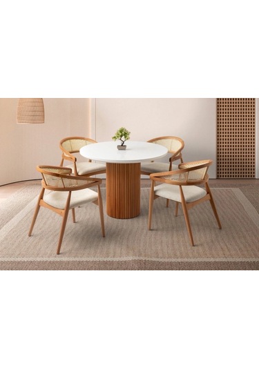 Perge İskandinav Natural Ahşap Masa Sandalye Takımı 90x90 Meşe - Beyaz