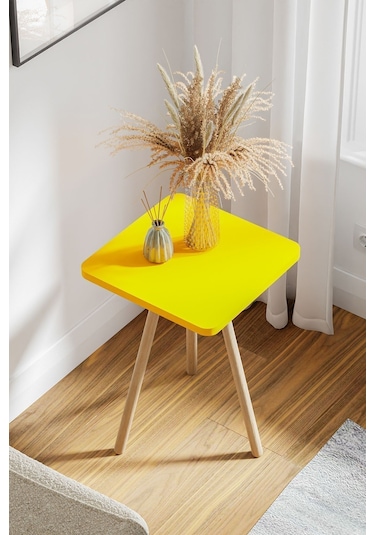 İntergo Kare Tasarımlı Ahşap Ayaklı Tekli Zigon Sehpa Sarı