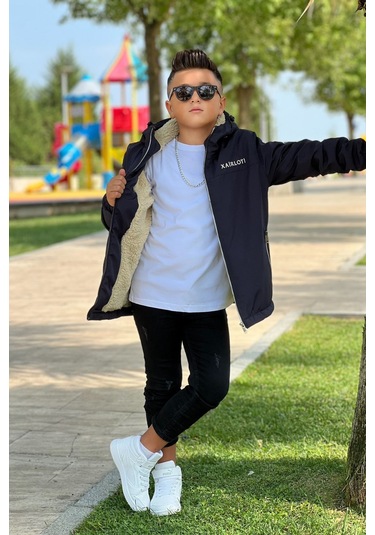 Erkek Çocuk Sabit Kapüşonlu Metal Armalı İçi Kürklü Mont Km3987 Siyah