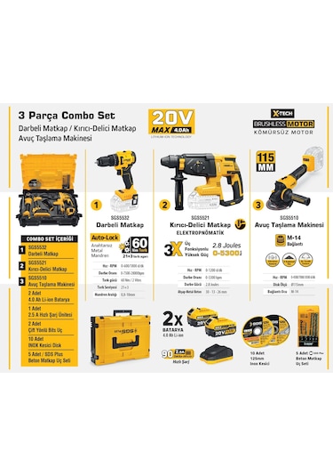 Sgs SGS5532 20 Volt 4 Amper Akülü Vidalama Matkap + SGS5521 Kırıcı Delici + SGS5510  Avuç Taşlama Combo Set 3 Parça