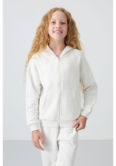 Tommy Life Ekru Pamuklu İçi Tüylü Yumuşak Dokulu Standart Fit Nakışlı Kız Çocuk Eşofman Takım - 75148 Ekru