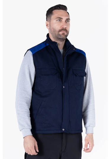Dik Yakalı Kapitoneli Yelek Lacivert - Saks Mavi