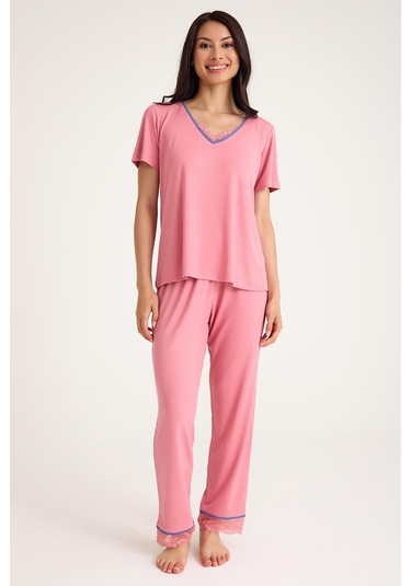 Dream Pembe Viskon V Yaka Dantel Detaylı Pijama Takımı Pembe