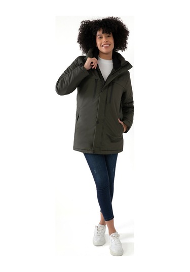 Kadın Haki Içi Polarlı Su Ve Rüzgar Geçirmez Kapüşonlu Kışlık Mont Kaban Parka Haki