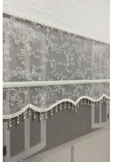 İncilifehome İcl4003b Çift Mekanizmalı Dal Desenli Tül Ve Stor Perde Kırık Beyaz Boncuklu Kırık Beyaz