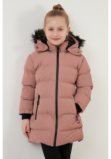 Lela Yakası Suni Kürklü Peluş Astarlı Çıkarılabilir Kapüşonlu Dar Kesim Kışlık Kız Çocuk Mont 5760002 Pudra