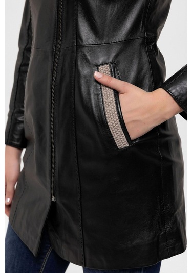 Siyah Julia Triko Kapüonlu Kemerli Hakiki Kadın Deri Kaban-siyah Siyah