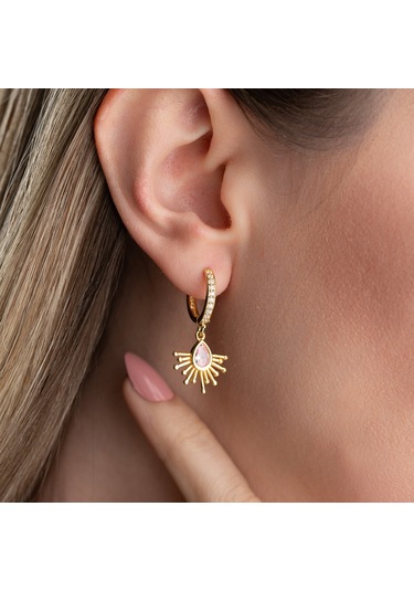 Vaoov 925 Ayar Gümüş Pembe Damla Taşlı Güneş Küpe Altın