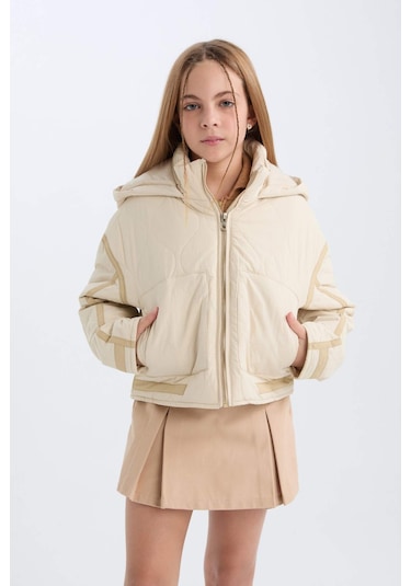 DeFacto Kız Çocuk Su İtici Kapüşonlu Fermuarlı Cepli Mont D6931A825SPBG759 Bej