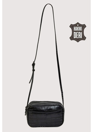 Hakiki Deri Kadın Çapraz Omuz Çantası Siyah Kroko Smr8975 Siyah Kroko
