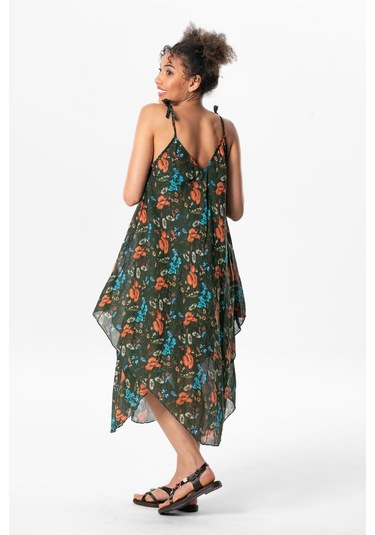 Askılı Vual Afrodit Midi Boy Yazlık Elbise Koyu Yeşil 6161 - Kadın