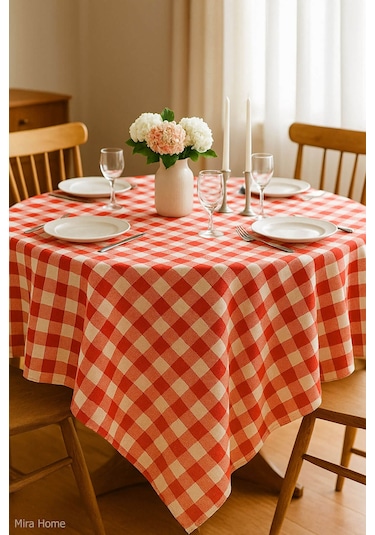 Mira Home Kareli Masa Örtüsü Sofra Bezi 160x160 Cm Happytime Kırmızı
