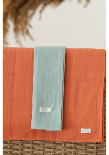 2'li Organik Pamuk Müslin Örtü Seti Nil ,tarçın 2 Adet 75x85 CM Turuncu - Açık Yeşil