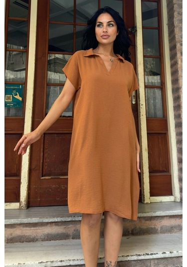 Taba Desenli Polo Yaka Rahat Midi Airobin Elbise Taba