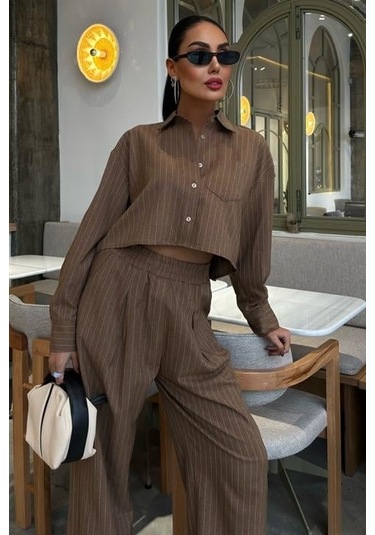 Crop Gömlekli Çizgili Takım 10080 Kahverengi
