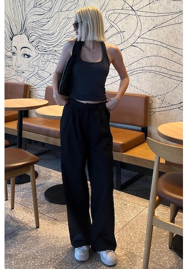 Madmext Siyah Yüksek Bel Rahat Kesim Bol Paça Pantolon Mg2120-siyah Siyah