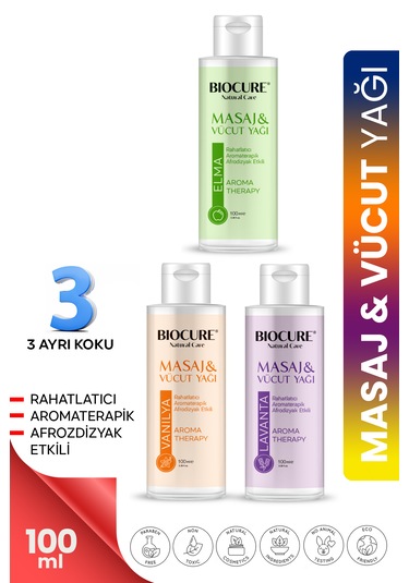 Biocure Elma + Lavanta + Vanilya Özlü Masaj ve Vücut Bakım Yağı 3 x 100 ML