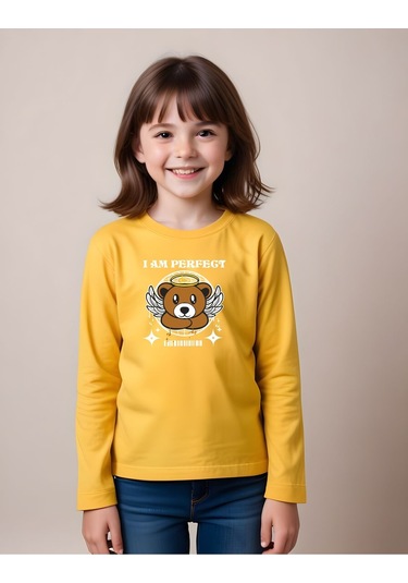 I Am Perfect Baskılı Kız Çocuk Yuvarlak Yaka Sarı Sweatshirt Sarı