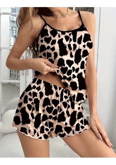 Sensuelle Kadın Ip Askılı Yuvarlak Yaka Bluz Ve Short Süprem Ikili Takım Leopar