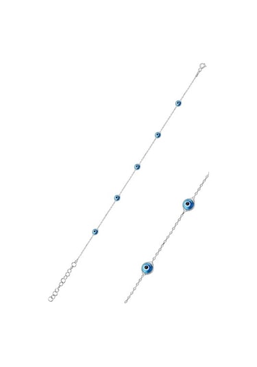 Gümüş Rodyumlu,Cam Göz Nazar Kolye Küpe Ve Bileklik Gümüş Set