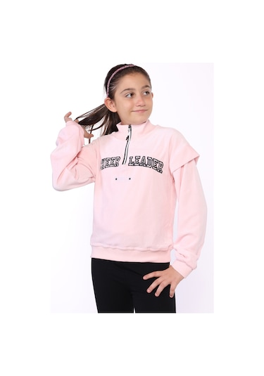 Toontoy Kız Çocuk Fermuar Detaylı Nakışlı Kadife Sweatshirt Pudra